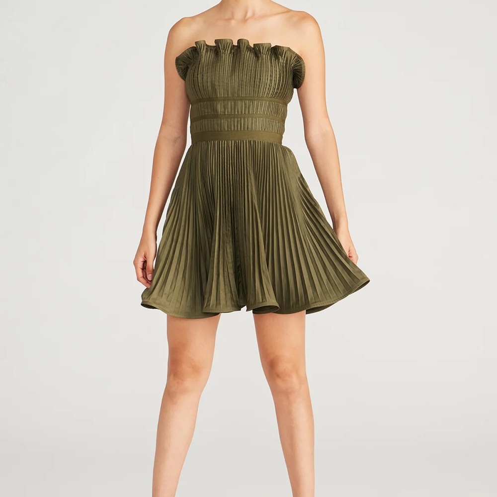NWT Amur Lorena Strapless Mini Dress in olive pleated ruffle green size S